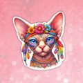 Colorful illustration of a cat with decorative headband and glasses on a pink background