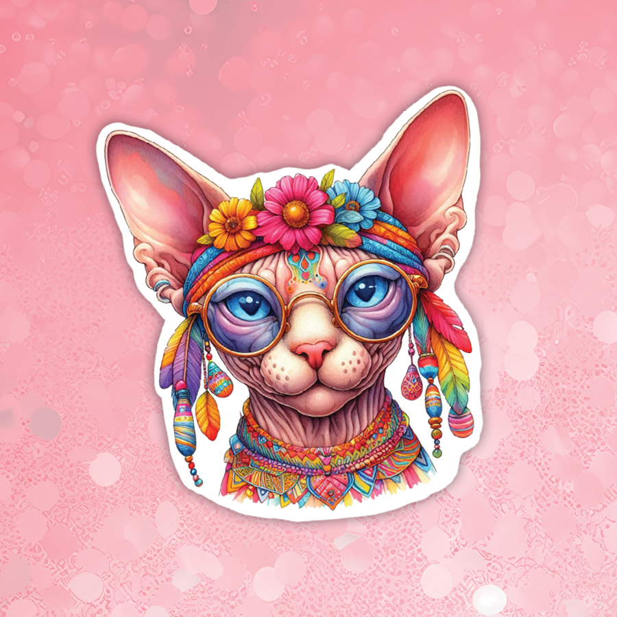 Colorful illustration of a cat with decorative headband and glasses on a pink background
