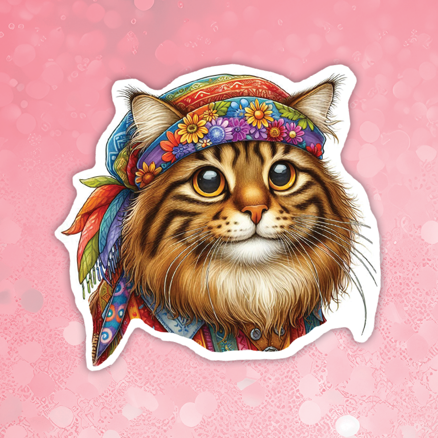 Colorful illustration of a cat wearing a patterned headband on a pink background