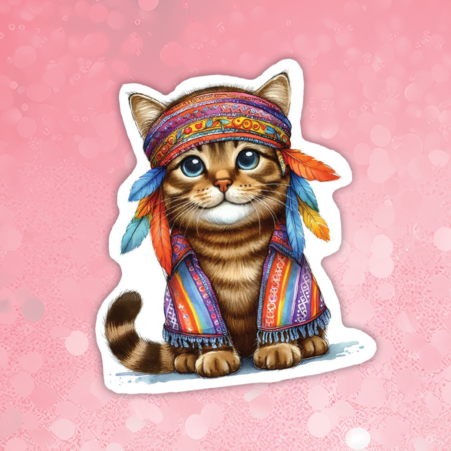 Cat wearing a colorful headdress and scarf on a pink background