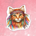 Colorful cat illustration with a headband and feathers on a pink background