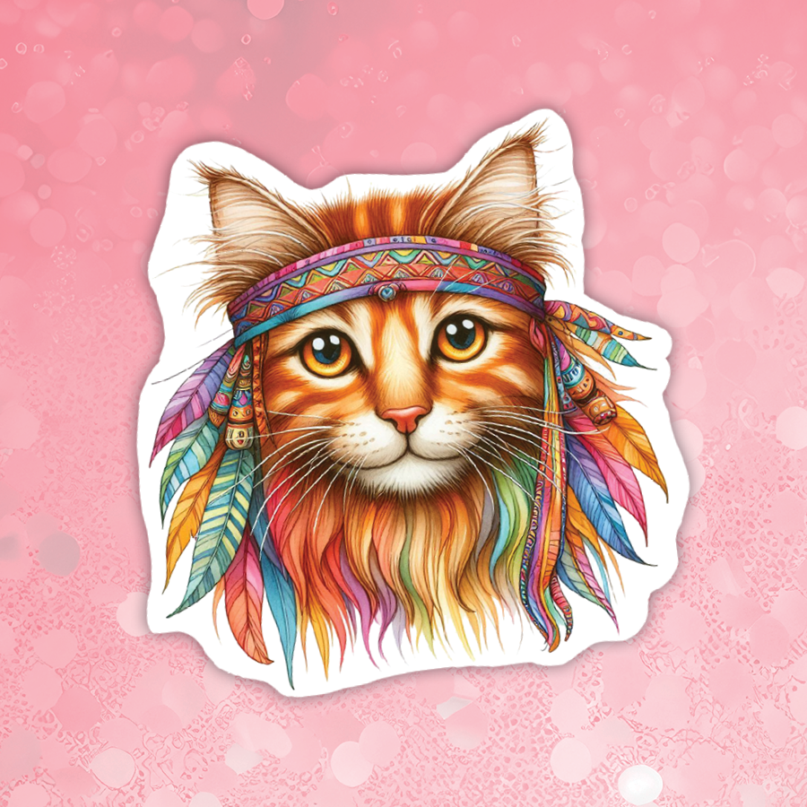 Colorful cat illustration with a headband and feathers on a pink background