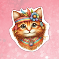 Illustration of a cat with a colorful headband and necklace on a pink background