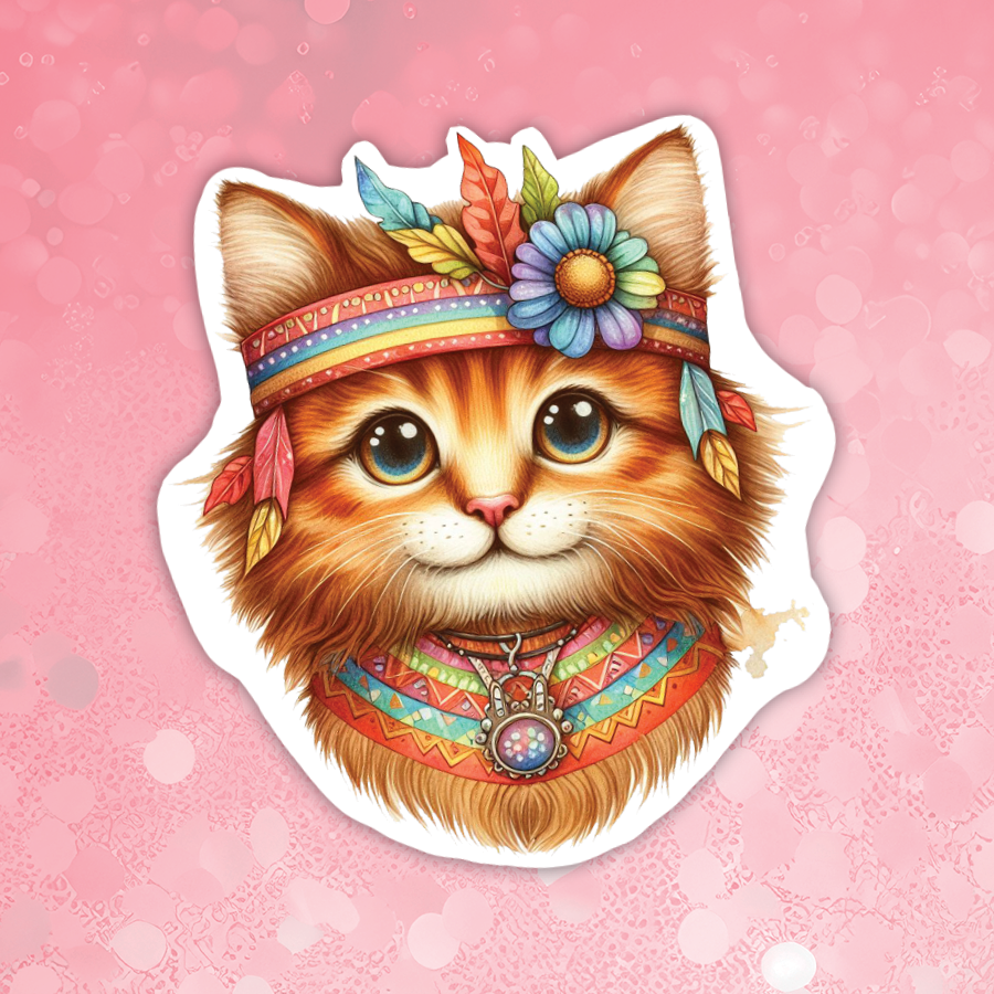 Illustration of a cat with a colorful headband and necklace on a pink background