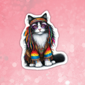 Colorful cat illustration with a rainbow scarf and feather headband on a pink background