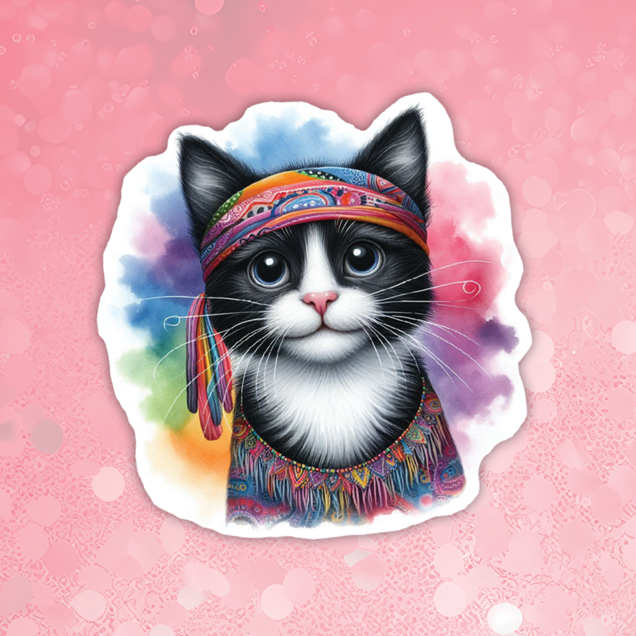 Colorful illustration of a cat wearing a headband on a pink background