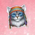 Cat with colorful headband and glasses on a pink background