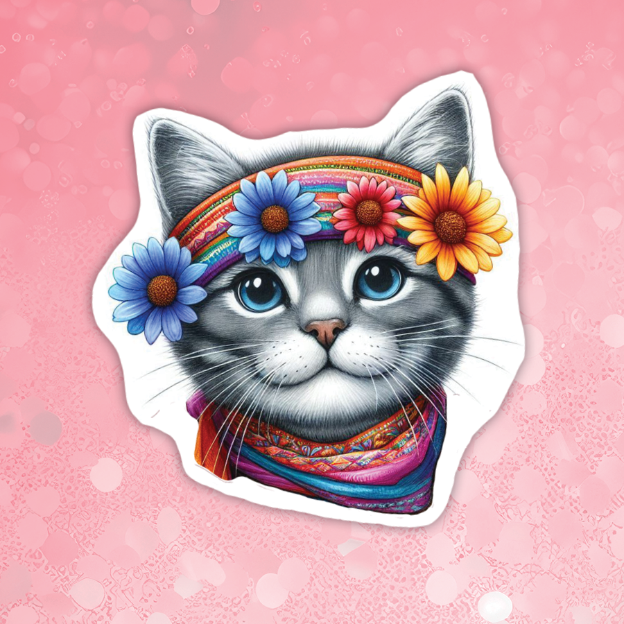 Illustration of a cat with colorful flowers and patterns on a pink background