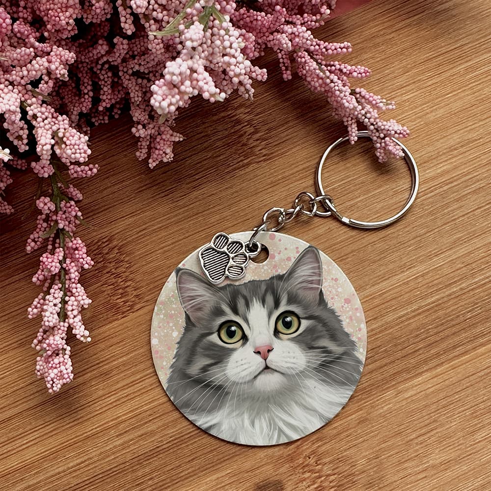 Tuxedo Gray Long Hair - Pet Keychain