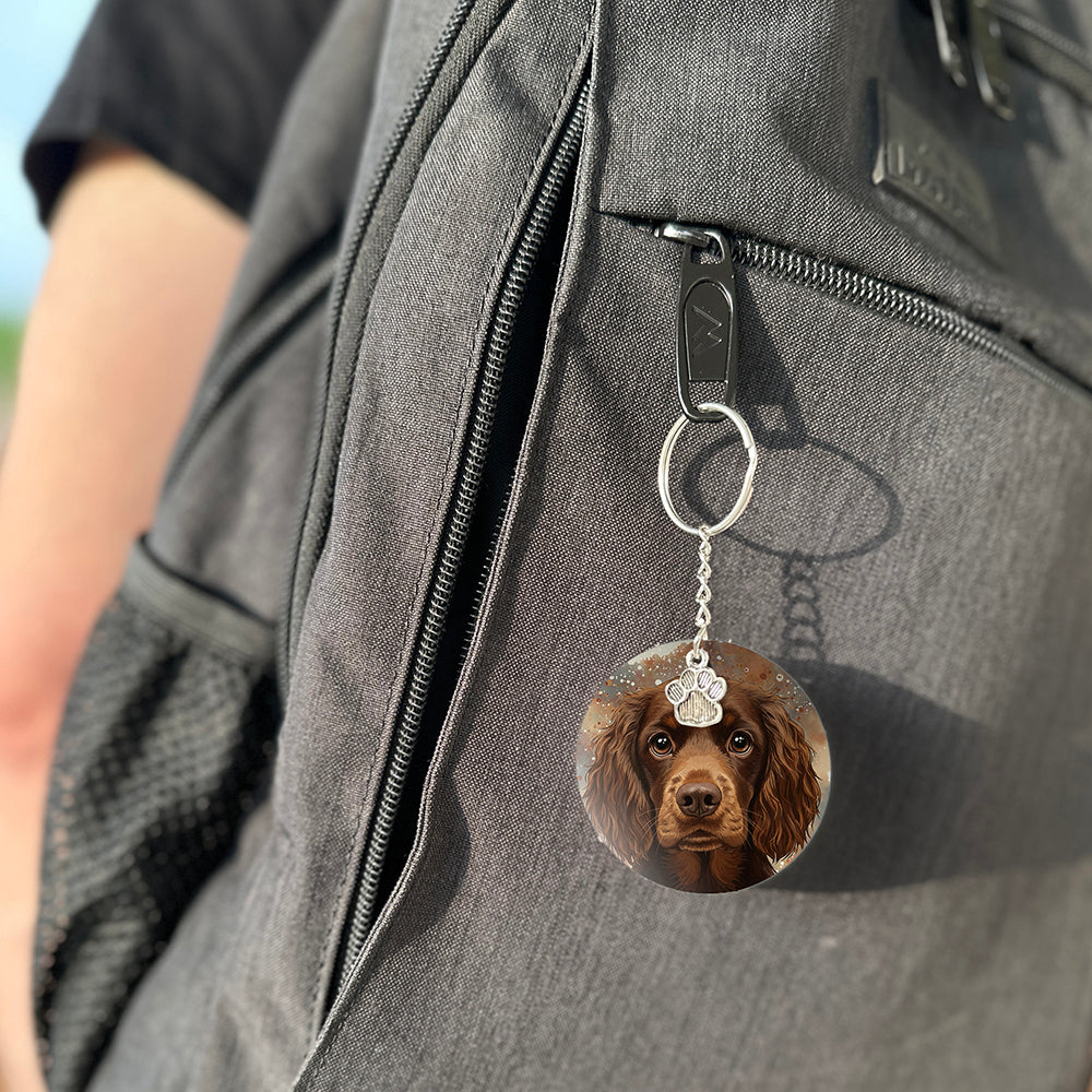 Keychain with a dog's face attached to a gray bag