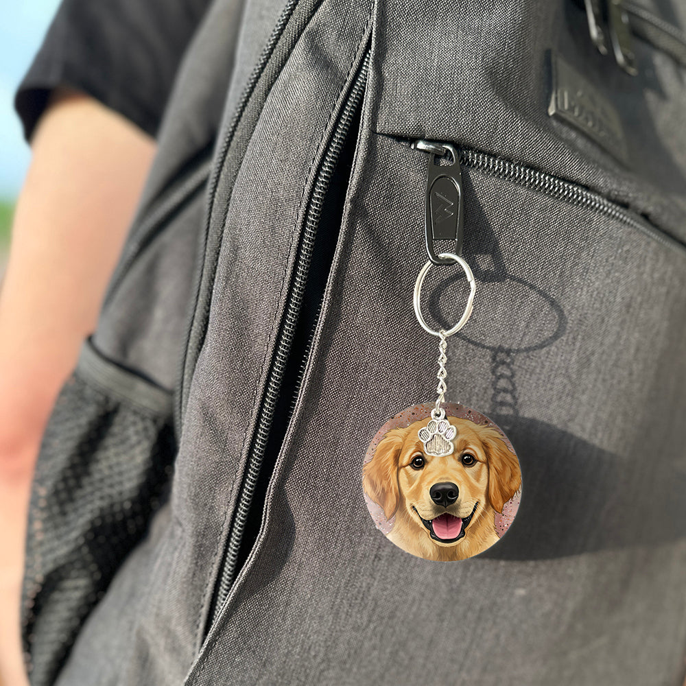 Keychain with a dog's face attached to a gray bag
