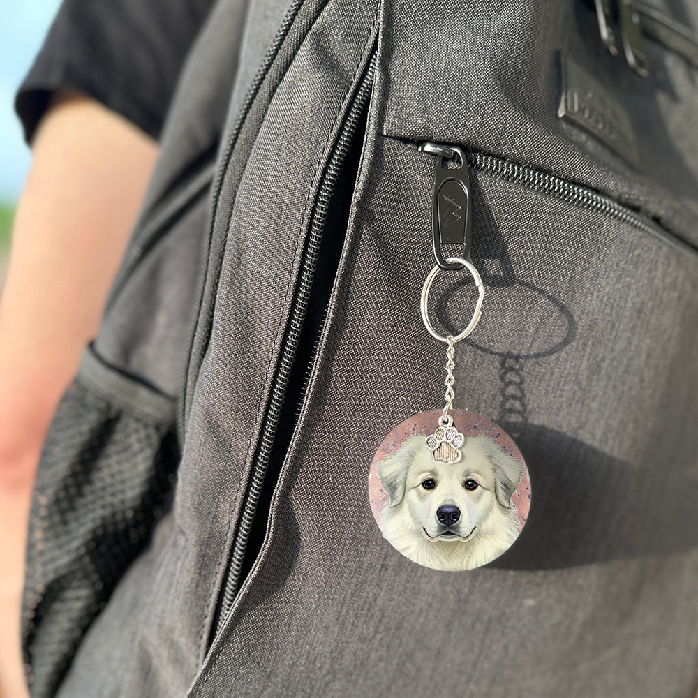 Keychain with a dog's face attached to a gray bag